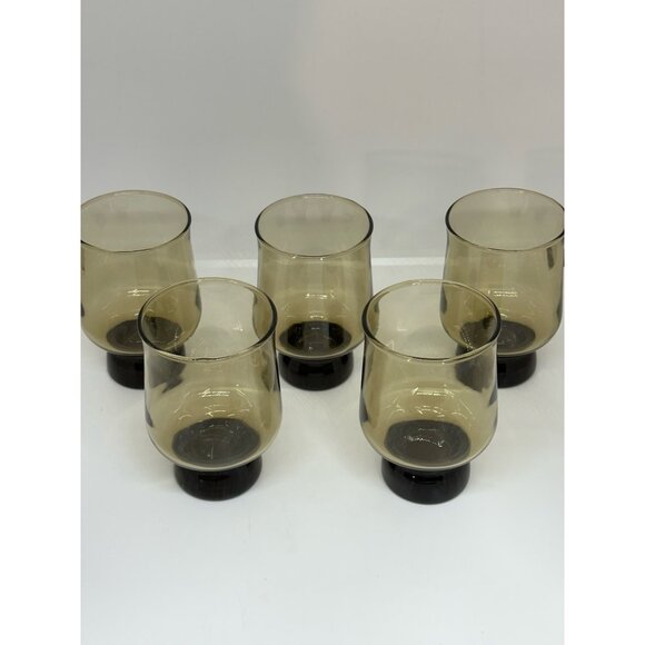 VTG Anchor Hocking Libbey Tawny Smokey Brown Glasses Set 5 Mid-Century USA 4.5" - Picture 4 of 9